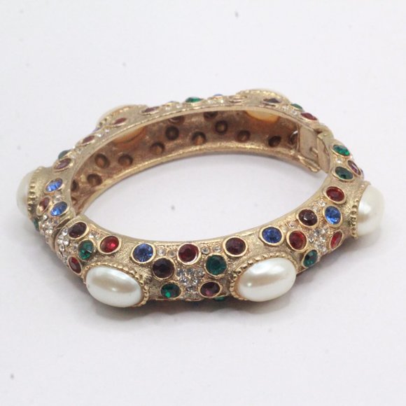 Sphinx Unsigned Runway Couture Multicolor Faux Pearl Pave´ Rhinestones Bangle - Picture 9 of 11